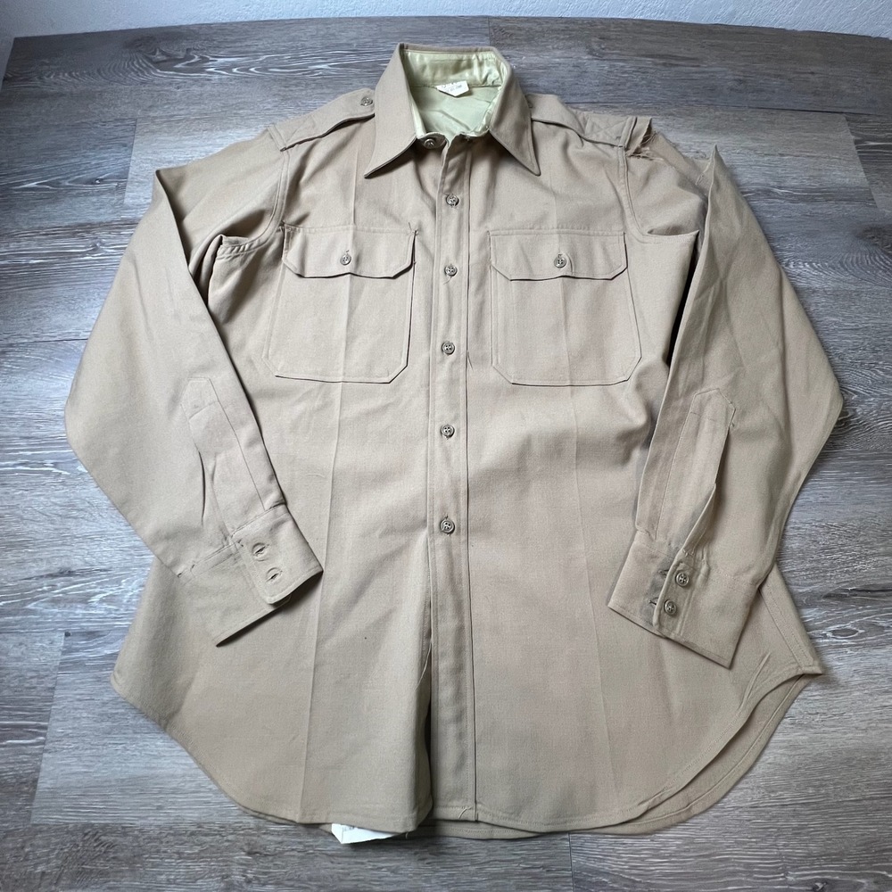 Military Tropical Worsted Shirt Mens‎ 15.5x34 Khaki Tan Wool Distressed Surplus